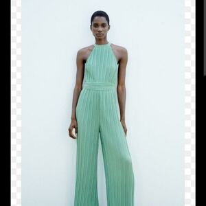 Zara Green Halter Jumpsuit with Flowing Wide-Leg Design Medium
